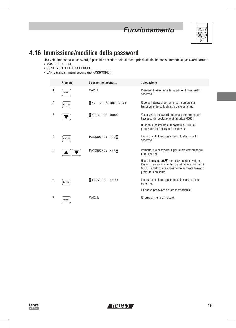 Funzionamento, 16 immissione/modifica della password, 19 italiano | Lenze EPM Programmer EEPM1RA User Manual | Page 87 / 114