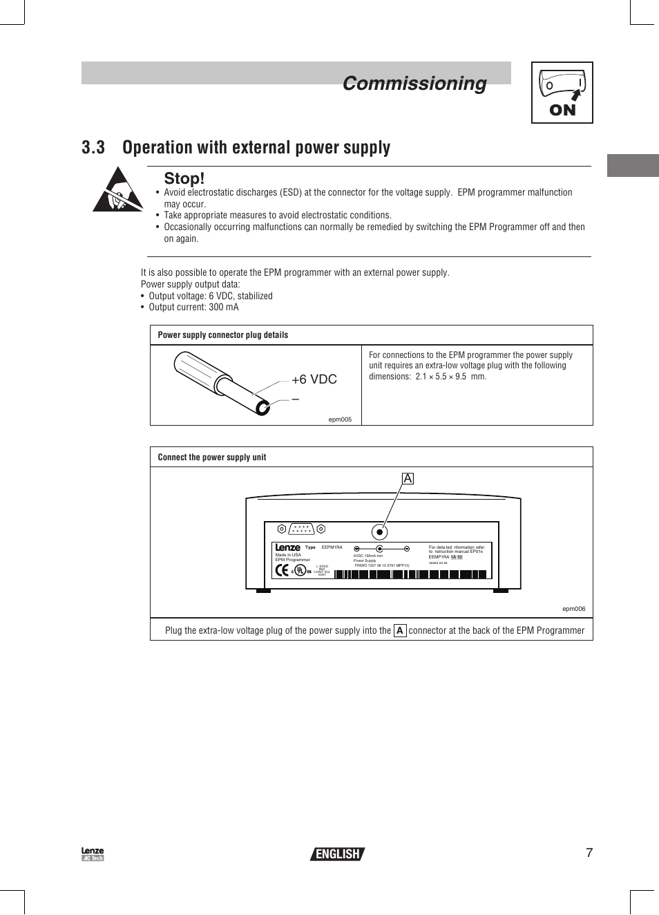 Commissioning, 3 operation with external power supply, Stop | 7english, 6 vdc | Lenze EPM Programmer EEPM1RA User Manual | Page 9 / 114