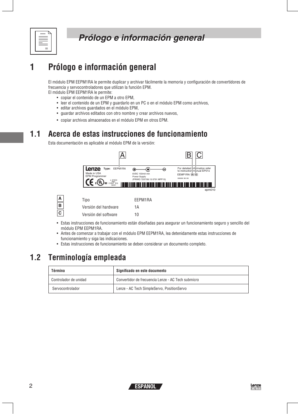 1 acerca de estas instrucciones de funcionamiento, 2 terminología empleada, Ab c | 2espanol | Lenze EPM Programmer EEPM1RA User Manual | Page 92 / 114