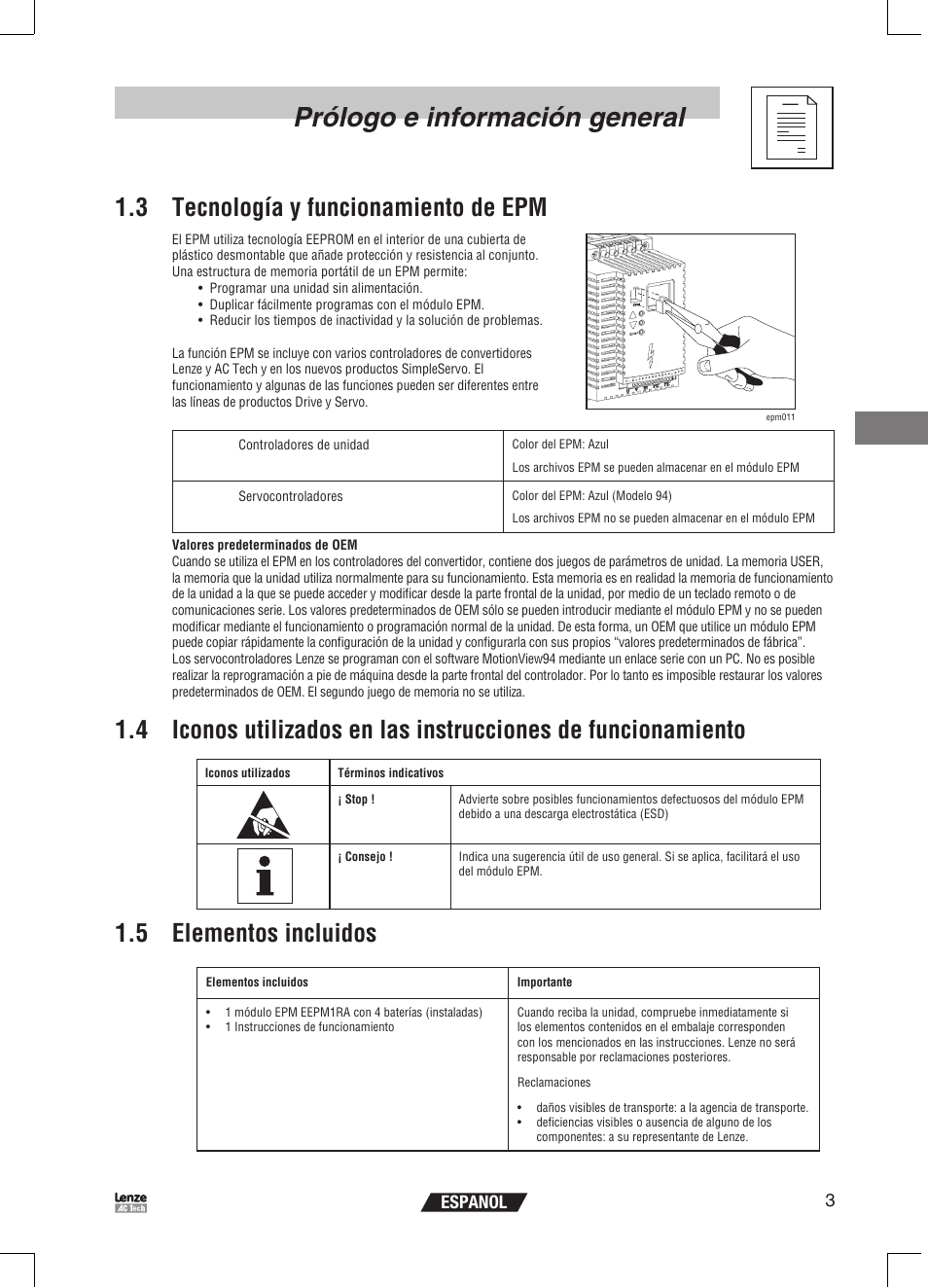 Prólogo e información general, 3 tecnología y funcionamiento de epm, 5 elementos incluidos | 3espanol | Lenze EPM Programmer EEPM1RA User Manual | Page 93 / 114