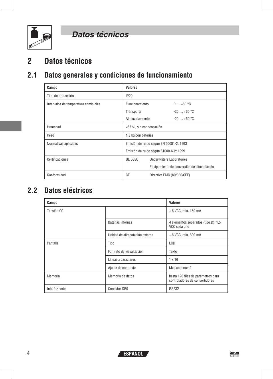 Datos técnicos 2 datos técnicos, 1 datos generales y condiciones de funcionamiento, 2 datos eléctricos | 4espanol | Lenze EPM Programmer EEPM1RA User Manual | Page 94 / 114