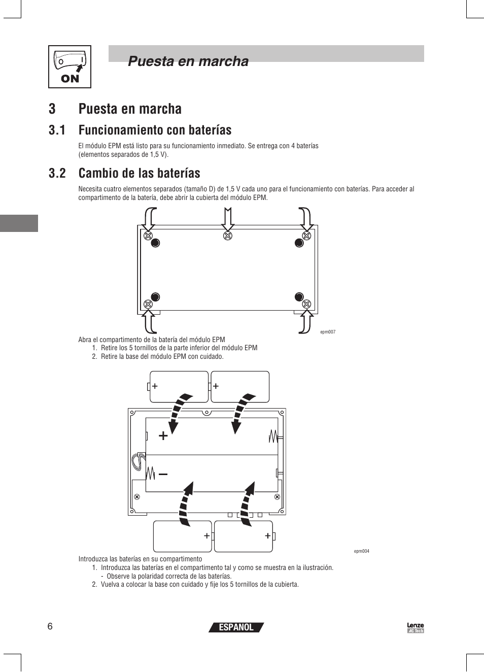 Puesta en marcha 3 puesta en marcha, 1 funcionamiento con baterías, 2 cambio de las baterías | Lenze EPM Programmer EEPM1RA User Manual | Page 96 / 114