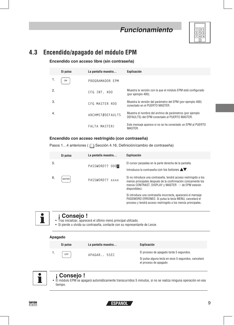 Funcionamiento, 3 encendido/apagado del módulo epm, Consejo | 9espanol | Lenze EPM Programmer EEPM1RA User Manual | Page 99 / 114