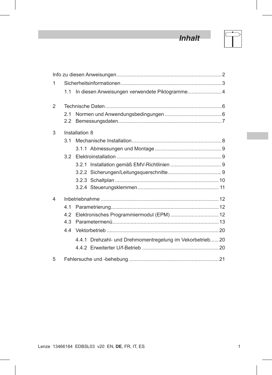 Inhalt | Lenze SMD 0-37kW-22kW User Manual | Page 25 / 116