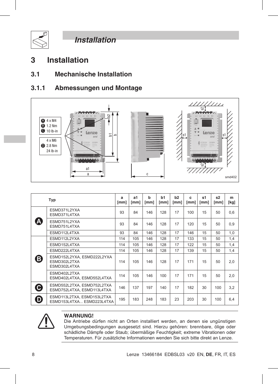 Installation, 3 installation, Warnung | Lenze SMD 0-37kW-22kW User Manual | Page 32 / 116