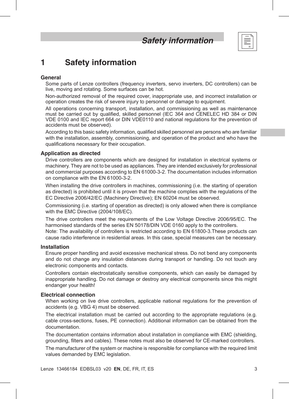 Safety information 1 safety information | Lenze SMD 0-37kW-22kW User Manual | Page 5 / 116
