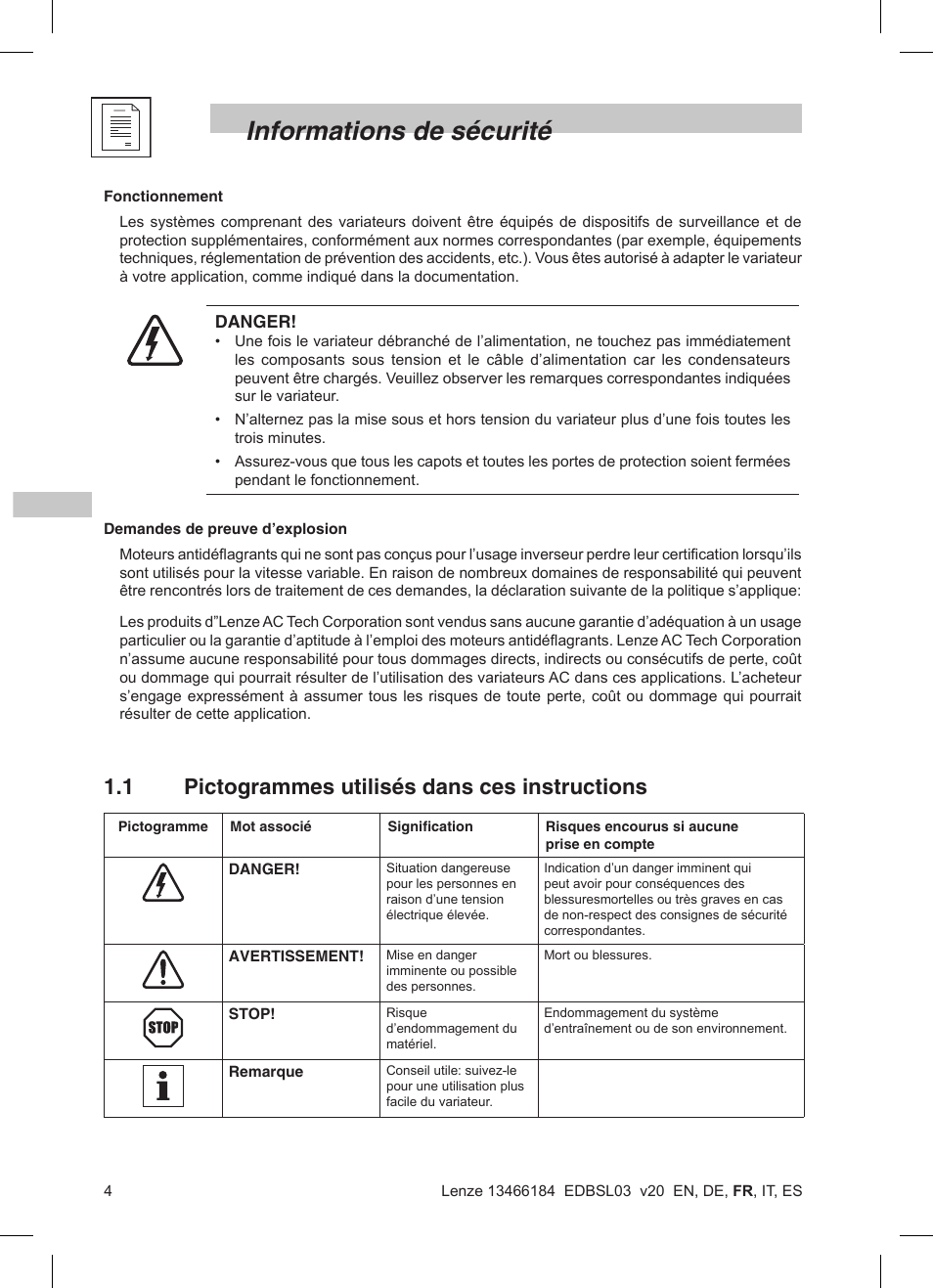 Informations de sécurité, 1 pictogrammes utilisés dans ces instructions | Lenze SMD 0-37kW-22kW User Manual | Page 50 / 116