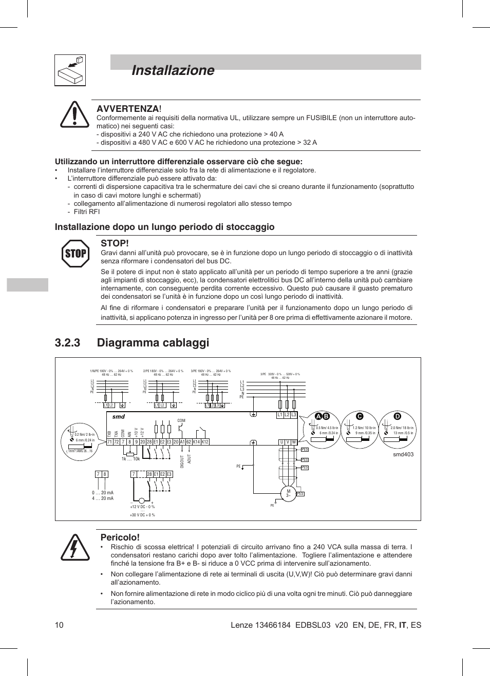 Installazione, 3 diagramma cablaggi, Avvertenza | Pericolo | Lenze SMD 0-37kW-22kW User Manual | Page 80 / 116