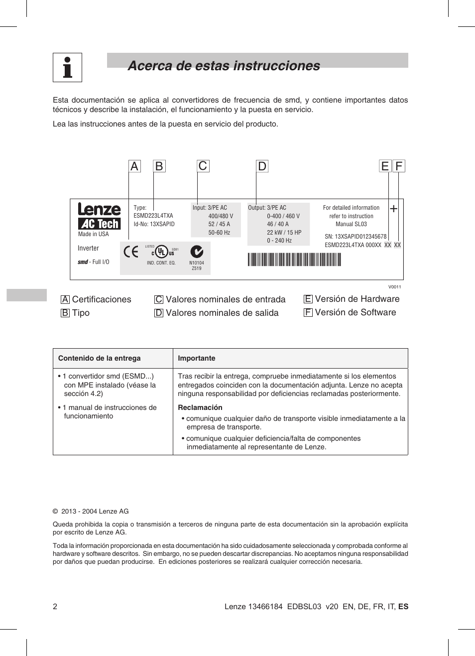 Acerca de estas instrucciones | Lenze SMD 0-37kW-22kW User Manual | Page 94 / 116