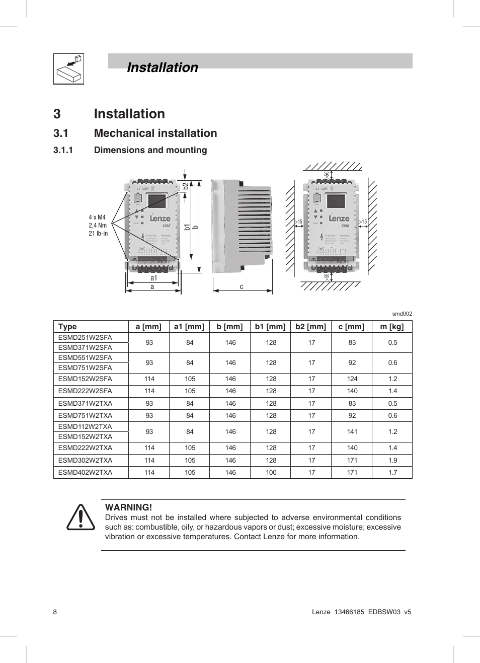 Installation 3 installation, 1 mechanical installation | Lenze SMD 0-25kW-4-0kW Basic I/O User Manual | Page 10 / 36