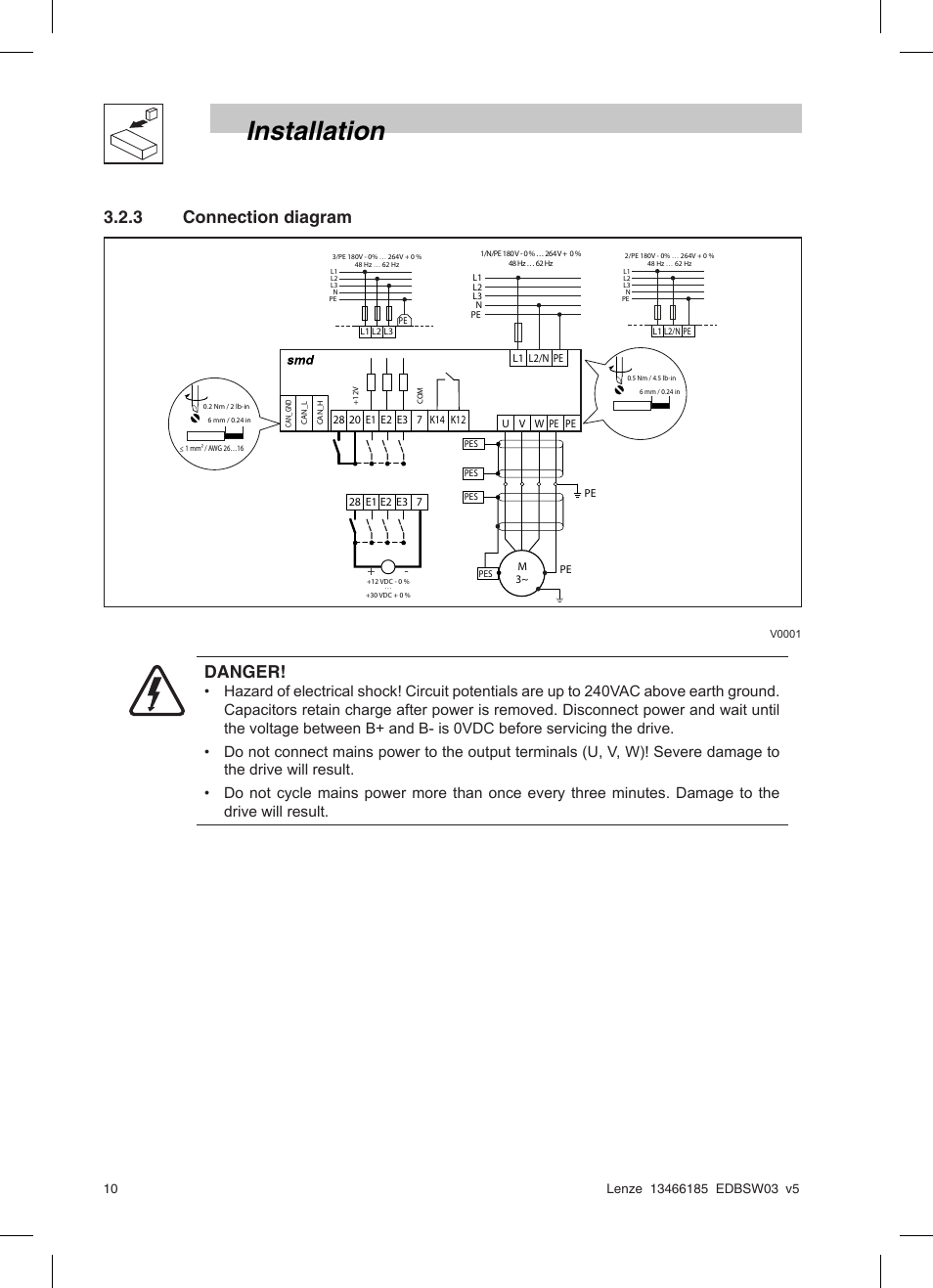 Installation, 3 connection diagram, Danger | Lenze SMD 0-25kW-4-0kW Basic I/O User Manual | Page 12 / 36