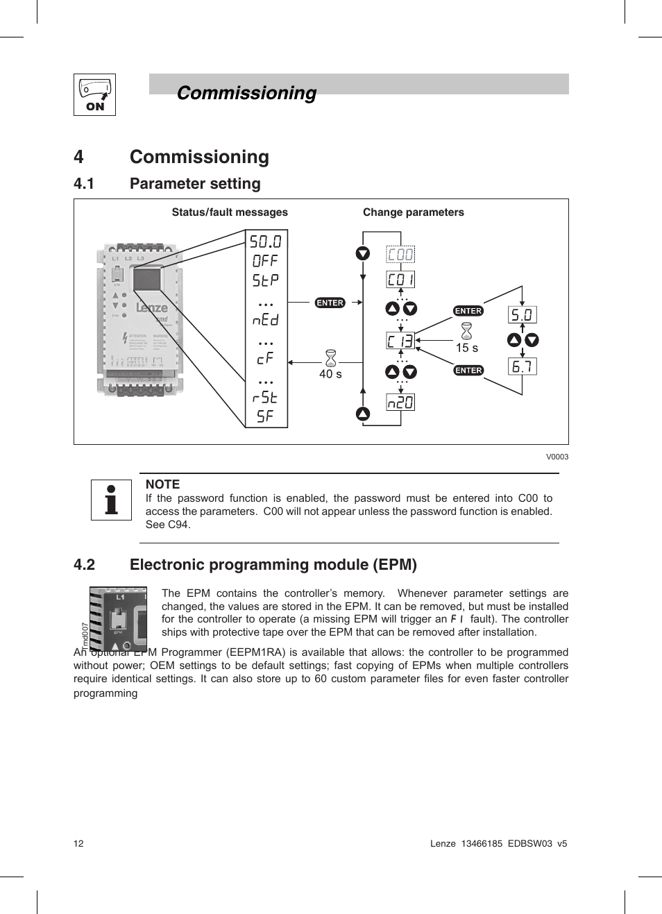 Commissioning 4 commissioning, 1 parameter setting, 2 electronic programming module (epm) | Lenze SMD 0-25kW-4-0kW Basic I/O User Manual | Page 14 / 36