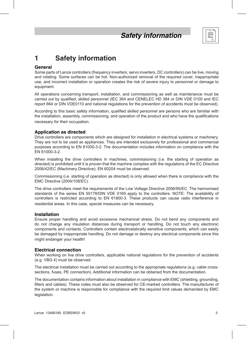 1safety information, Safety information | Lenze SMD 0-25kW-4-0kW Basic I/O User Manual | Page 5 / 36