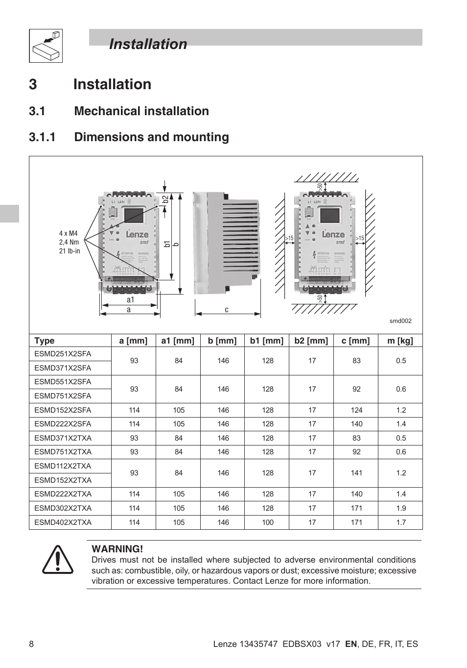 Installation 3 installation, Warning | Lenze SMD 0-25kW-4-0kW User Manual | Page 10 / 112
