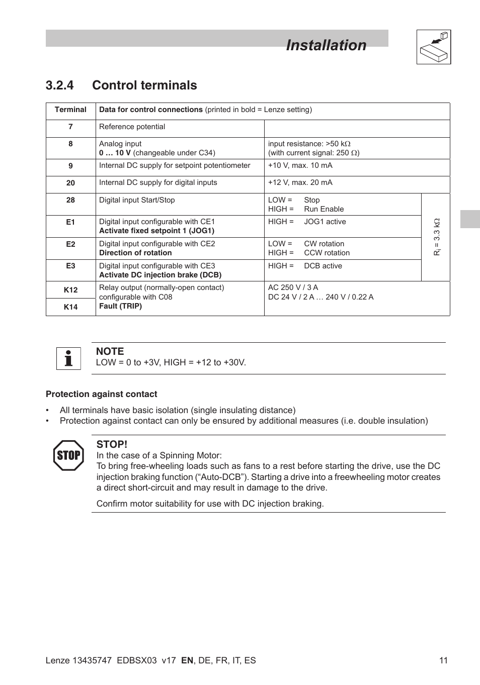 Installation, 4 control terminals, Stop | Lenze SMD 0-25kW-4-0kW User Manual | Page 13 / 112