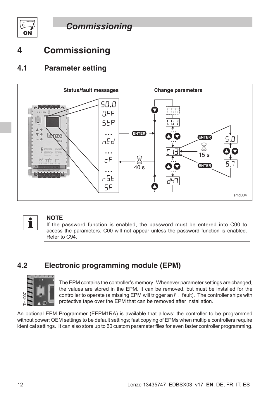 Commissioning, 4commissioning, 2 electronic programming module (epm) | 1 parameter setting | Lenze SMD 0-25kW-4-0kW User Manual | Page 14 / 112