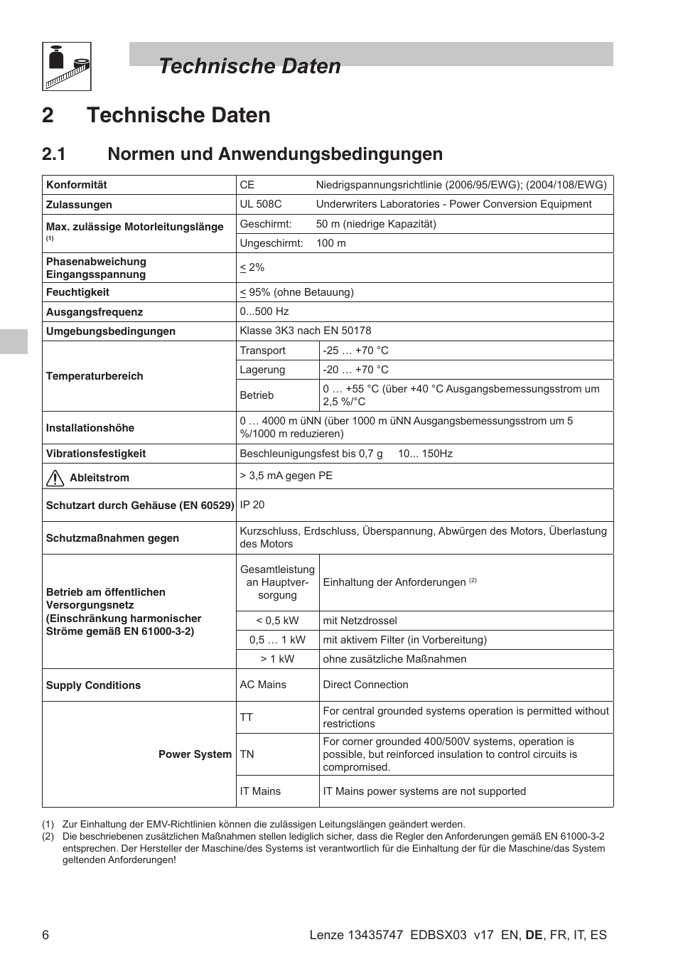 Technische daten, 2technische daten, 1 normen und anwendungsbedingungen | Lenze SMD 0-25kW-4-0kW User Manual | Page 28 / 112