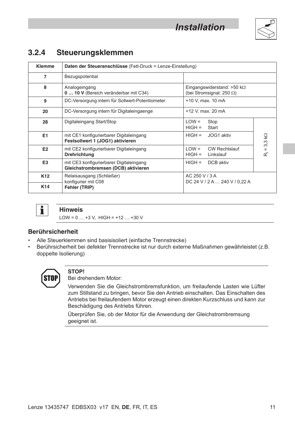 Installation, 4 steuerungsklemmen, Hinweis | Berührsicherheit | Lenze SMD 0-25kW-4-0kW User Manual | Page 33 / 112