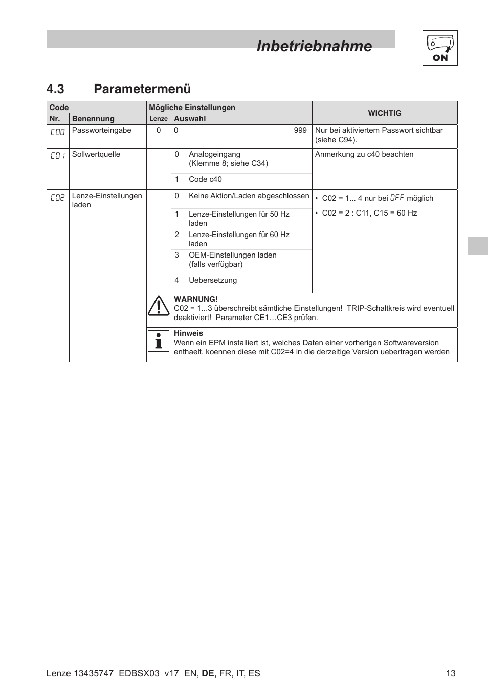 Inbetriebnahme, 3 parametermenü | Lenze SMD 0-25kW-4-0kW User Manual | Page 35 / 112