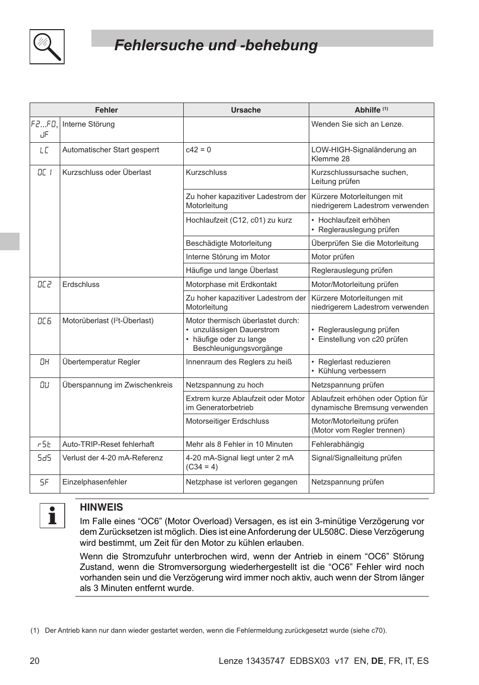 Fehlersuche und -behebung, Hinweis | Lenze SMD 0-25kW-4-0kW User Manual | Page 42 / 112