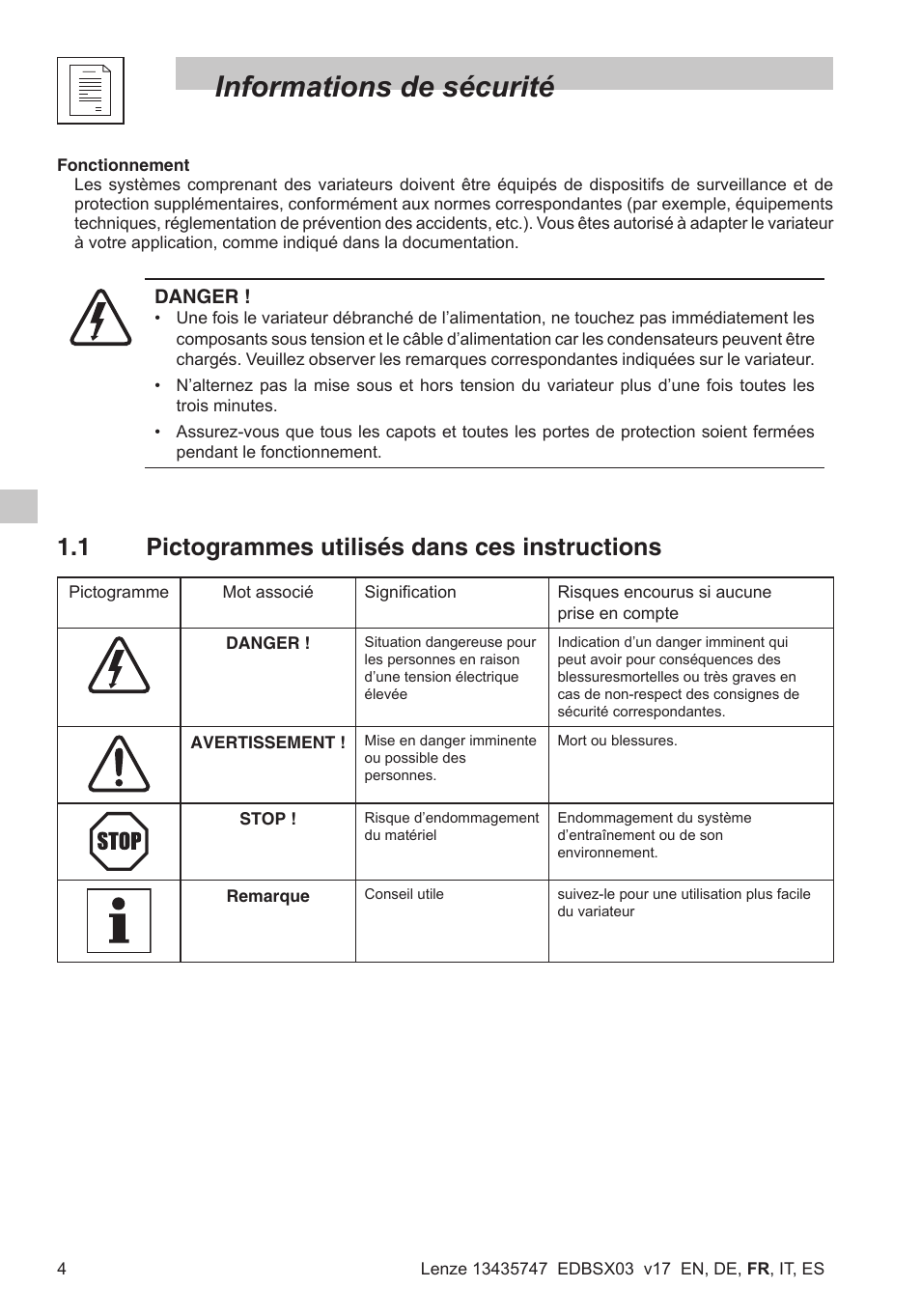 Informations de sécurité, 1 pictogrammes utilisés dans ces instructions | Lenze SMD 0-25kW-4-0kW User Manual | Page 48 / 112