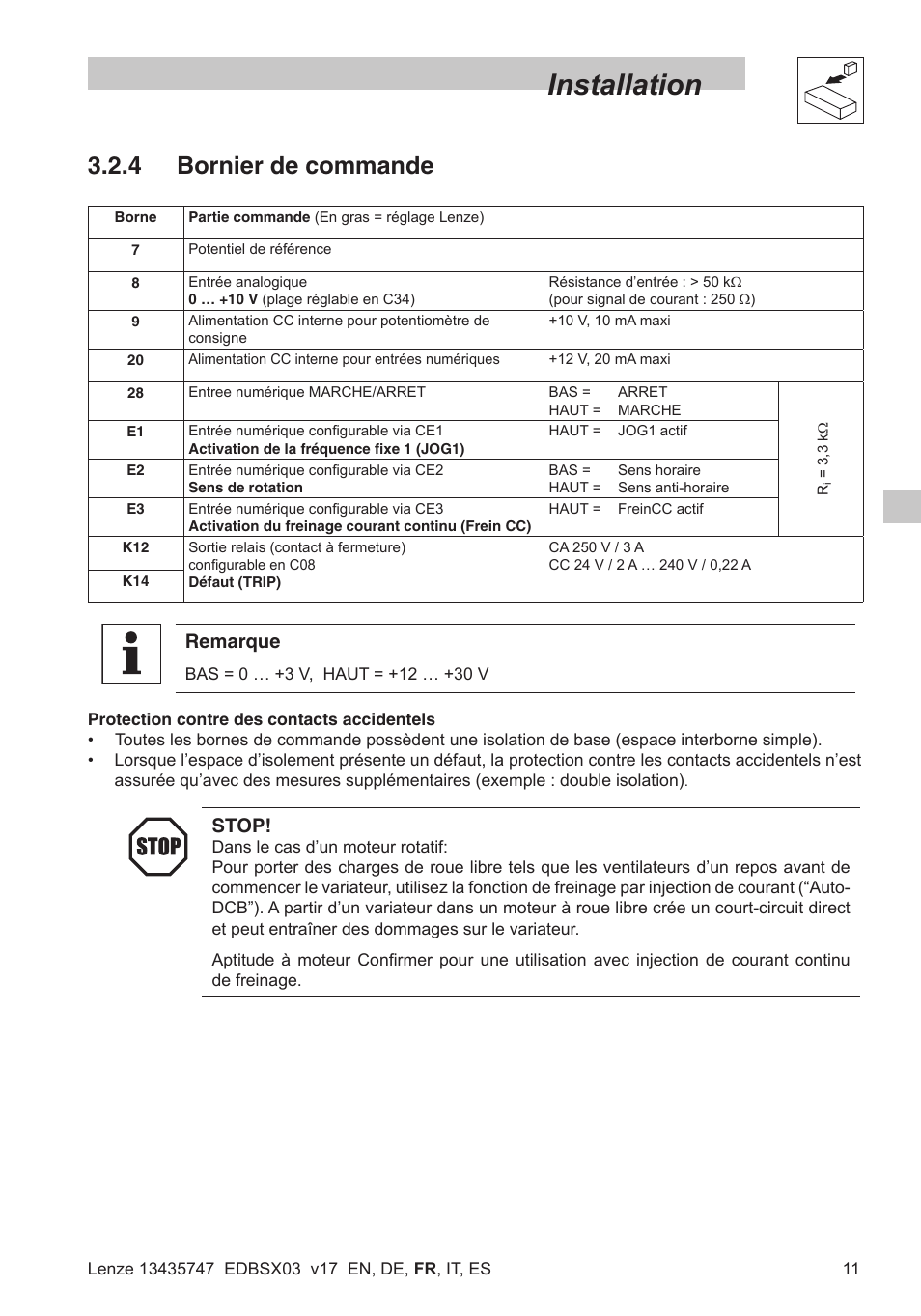 Installation, 4 bornier de commande, Remarque | Stop | Lenze SMD 0-25kW-4-0kW User Manual | Page 55 / 112