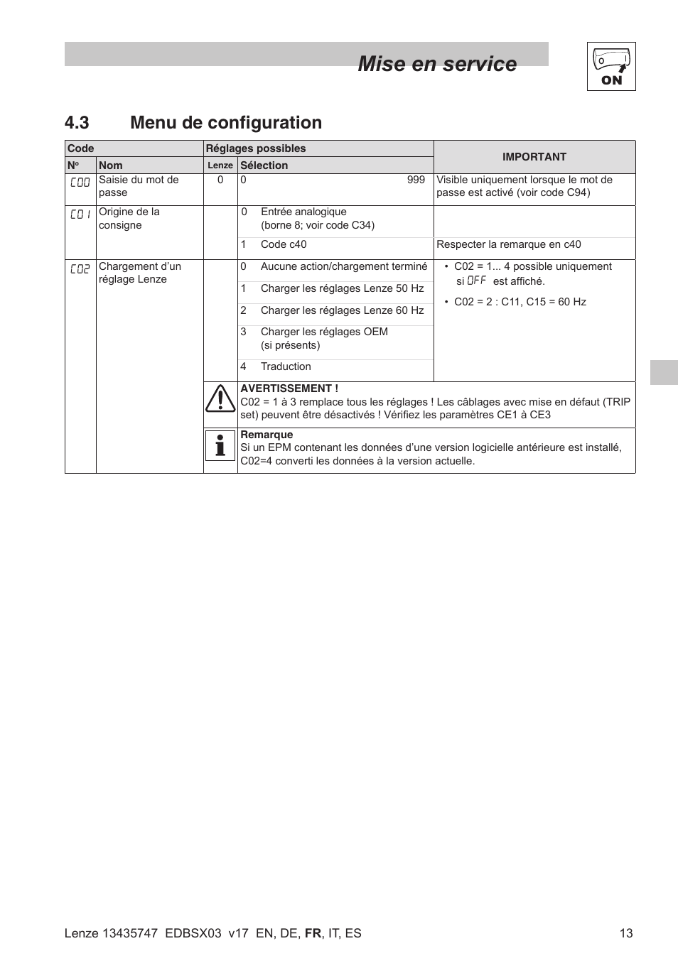 Mise en service, 3 menu de configuration | Lenze SMD 0-25kW-4-0kW User Manual | Page 57 / 112