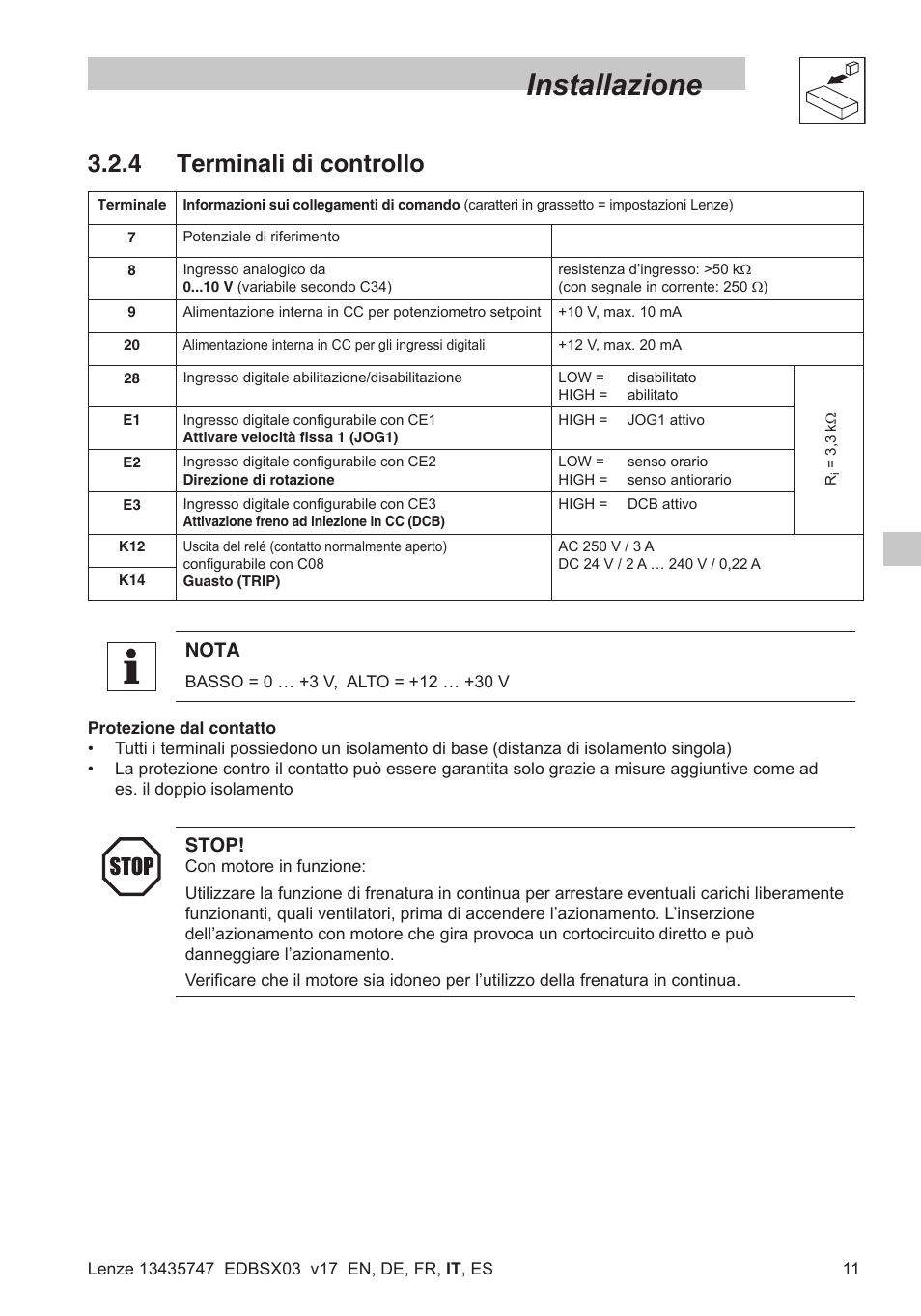 Installazione, 4 terminali di controllo, Nota | Stop | Lenze SMD 0-25kW-4-0kW User Manual | Page 77 / 112