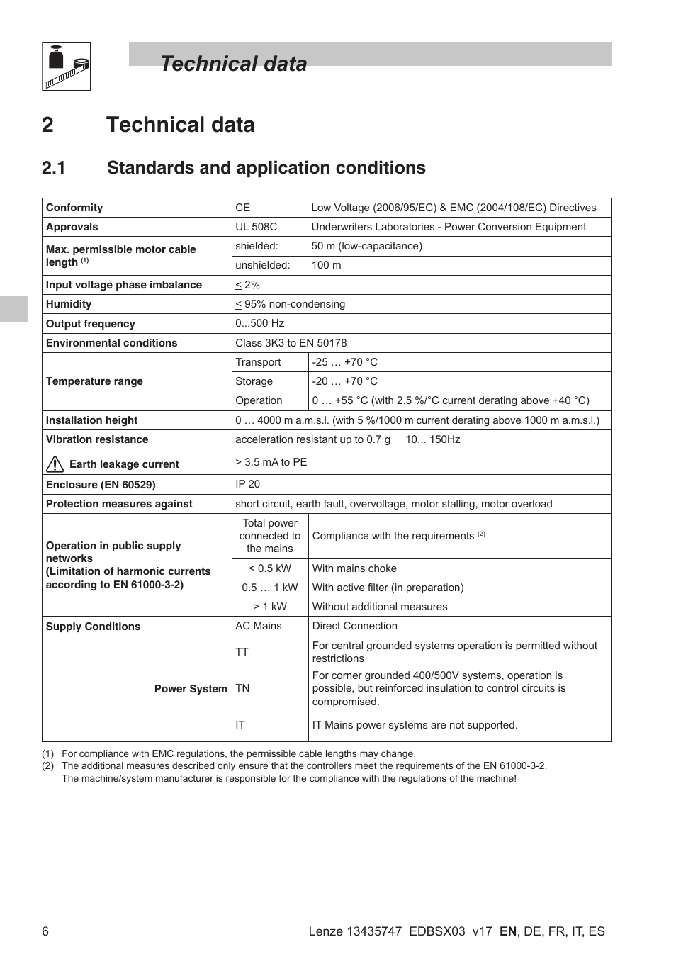 Technical data, 2technical data, 1 standards and application conditions | Lenze SMD 0-25kW-4-0kW User Manual | Page 8 / 112