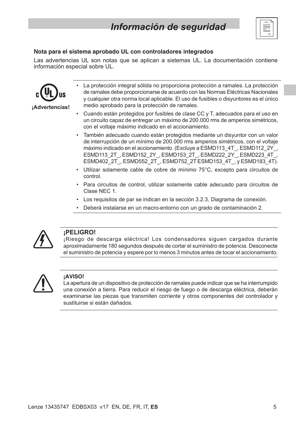 Información de seguridad | Lenze SMD 0-25kW-4-0kW User Manual | Page 93 / 112