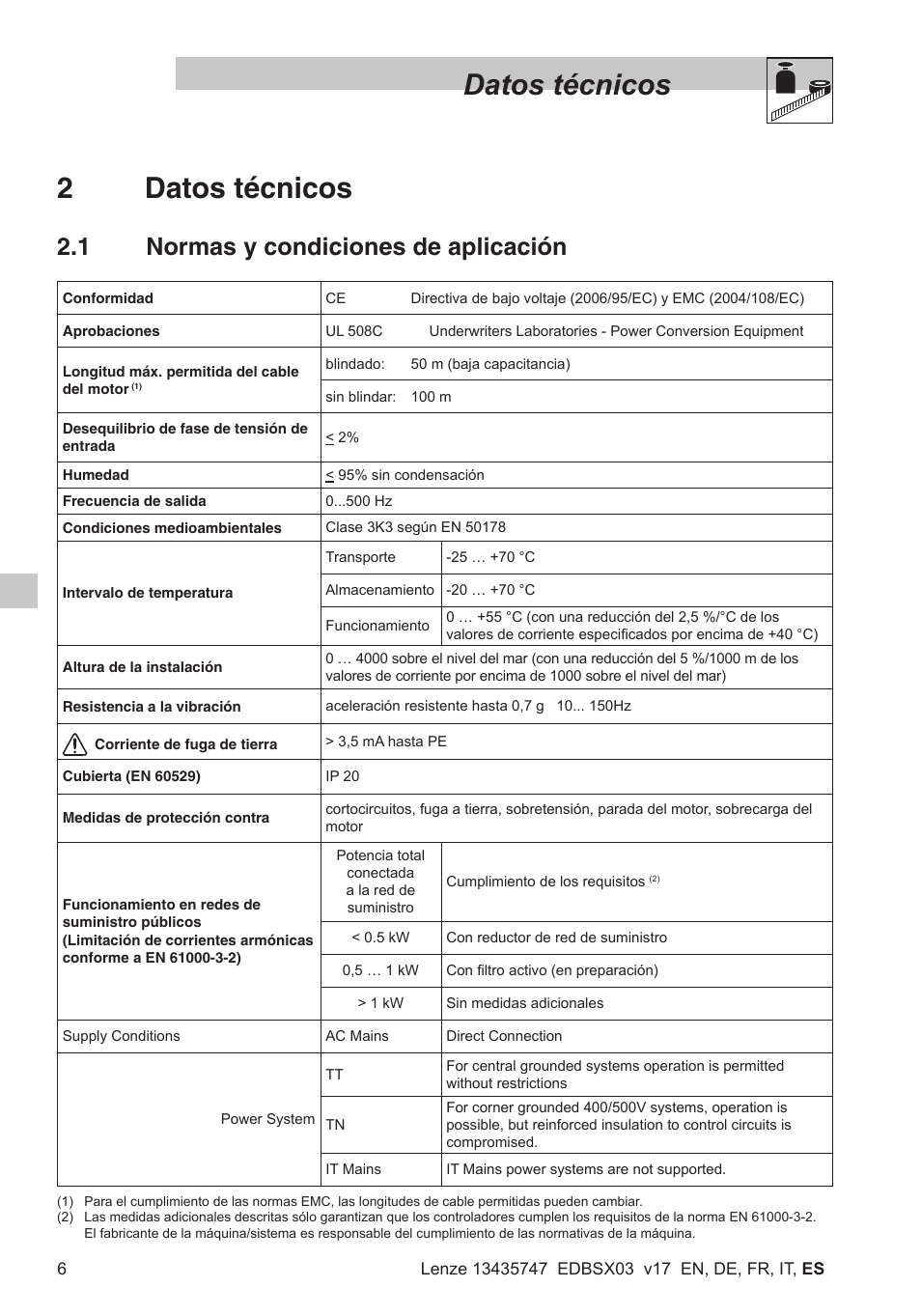 Datos técnicos, 2datos técnicos, 1 normas y condiciones de aplicación | Lenze SMD 0-25kW-4-0kW User Manual | Page 94 / 112