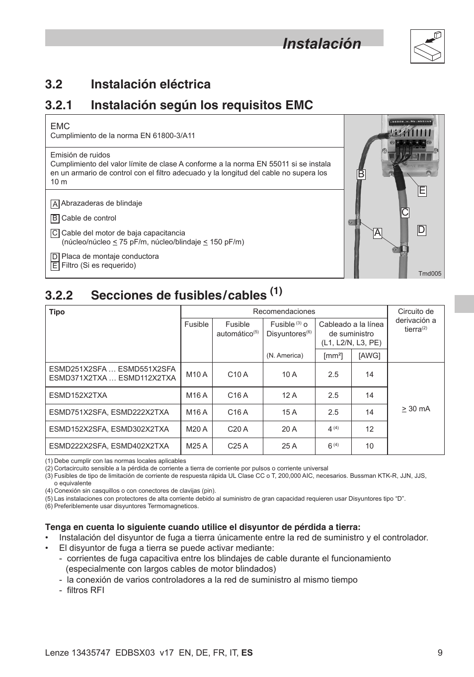 Instalación, 2 secciones de fusibles/cables | Lenze SMD 0-25kW-4-0kW User Manual | Page 97 / 112