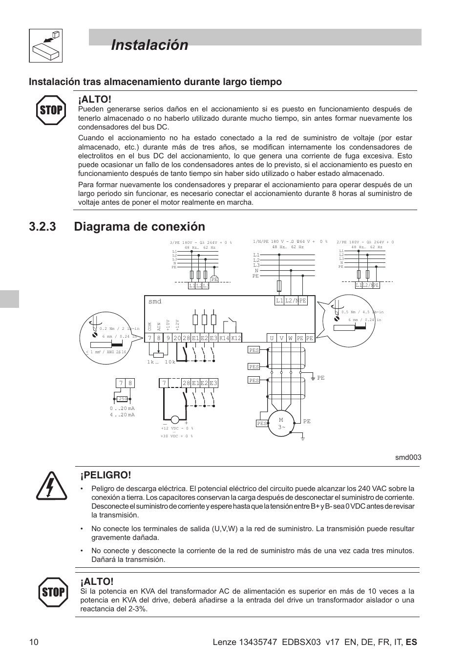 Instalación, 3 diagrama de conexión, Peligro | Alto | Lenze SMD 0-25kW-4-0kW User Manual | Page 98 / 112