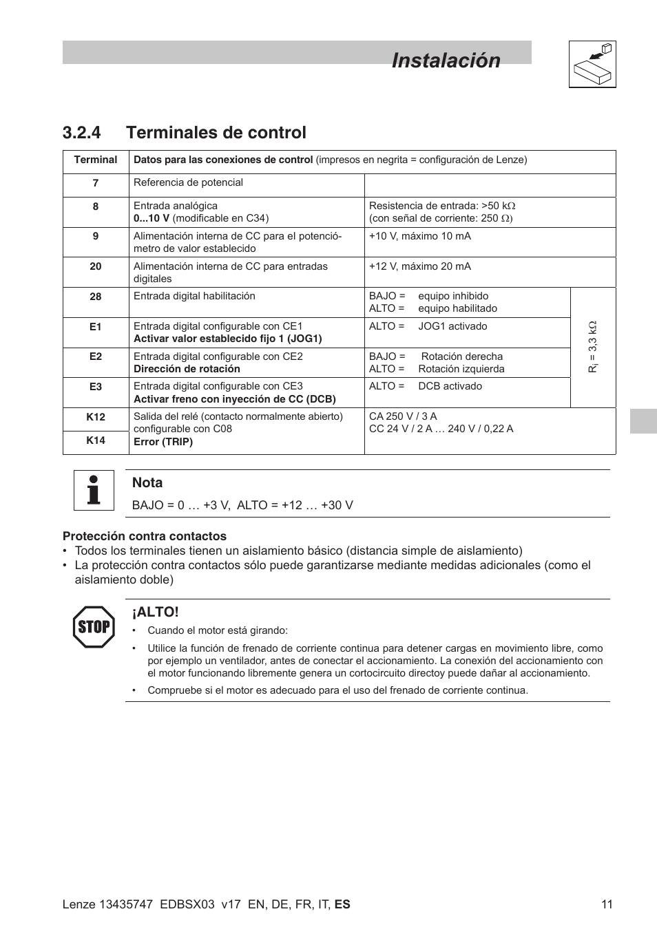 Instalación, 4 terminales de control, Nota | Alto | Lenze SMD 0-25kW-4-0kW User Manual | Page 99 / 112