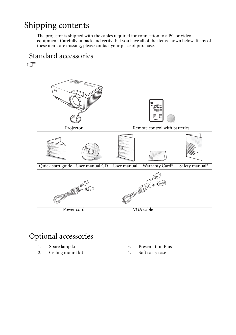 Shipping contents, Standard accessories, Optional accessories | Standard accessories optional accessories | BenQ MP511 User Manual | Page 10 / 60