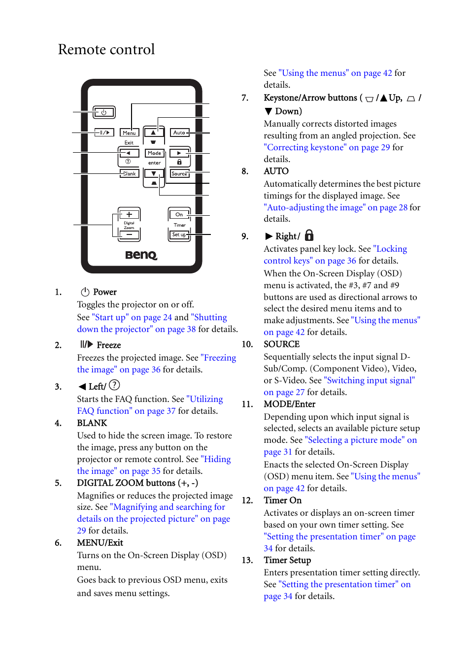 Remote control | BenQ MP511 User Manual | Page 14 / 60
