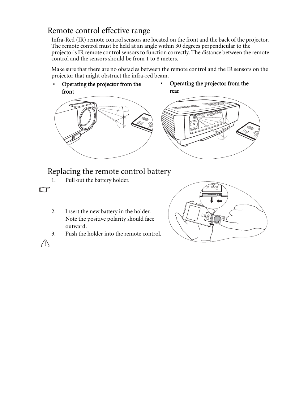 Remote control effective range, Replacing the remote control battery | BenQ MP511 User Manual | Page 15 / 60