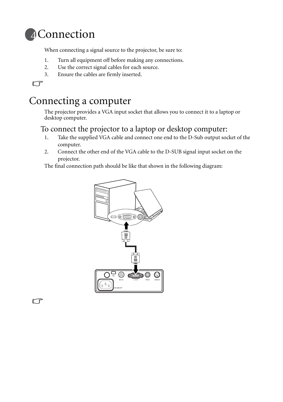 Connection, Connecting a computer | BenQ MP511 User Manual | Page 20 / 60