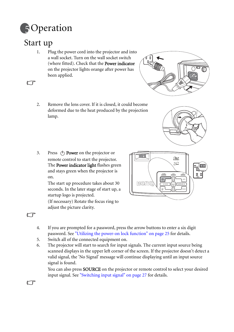Operation, Start up | BenQ MP511 User Manual | Page 24 / 60