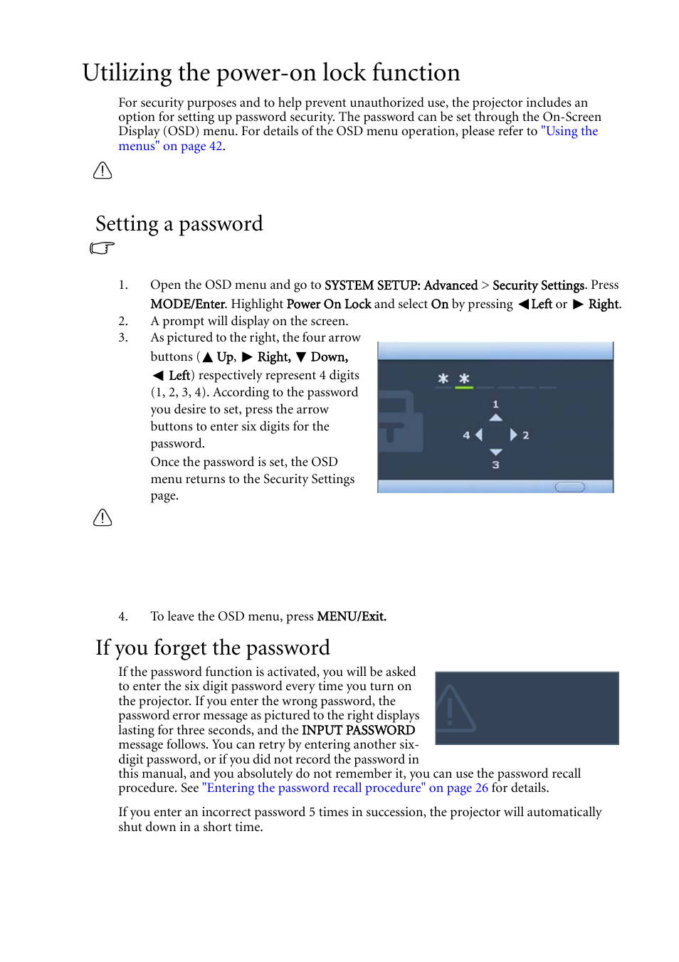 Utilizing the power-on lock function, Setting a password, If you forget the password | Setting a password if you forget the password | BenQ MP511 User Manual | Page 25 / 60