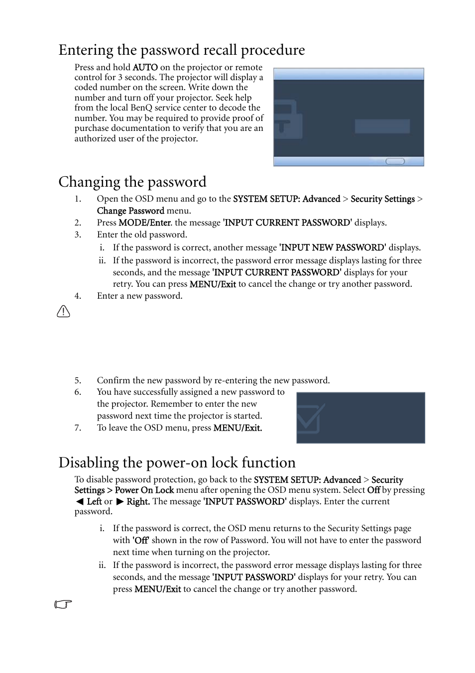 Entering the password recall procedure, Changing the password, Disabling the power-on lock function | BenQ MP511 User Manual | Page 26 / 60