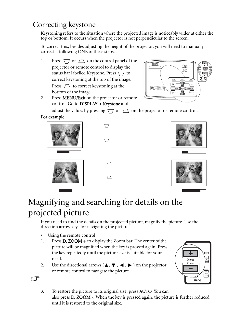 Correcting keystone, Magnifying and searching for, On. see | Correcting keystone" on | BenQ MP511 User Manual | Page 29 / 60