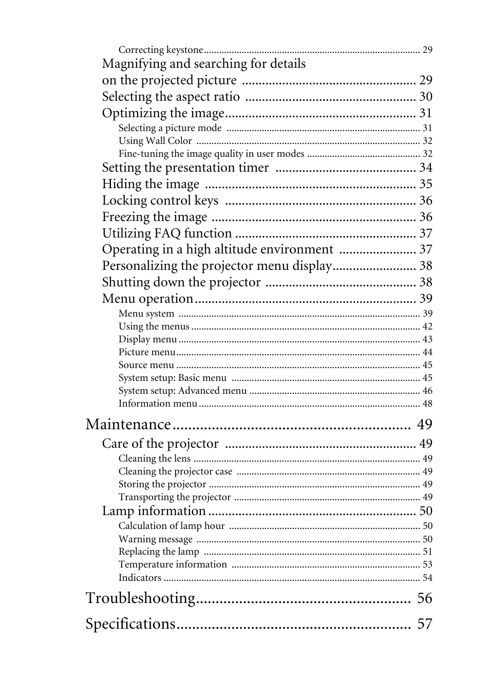 Maintenance, Troubleshooting specifications, Care of the projector | Lamp information | BenQ MP511 User Manual | Page 3 / 60
