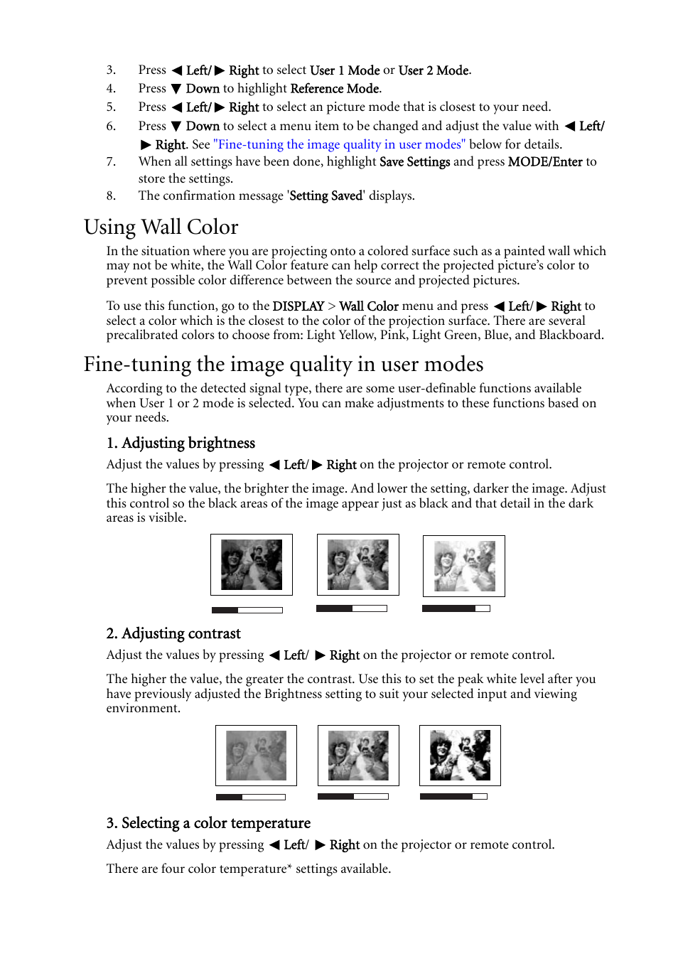 Using wall color, Fine-tuning the image quality in user modes | BenQ MP511 User Manual | Page 32 / 60
