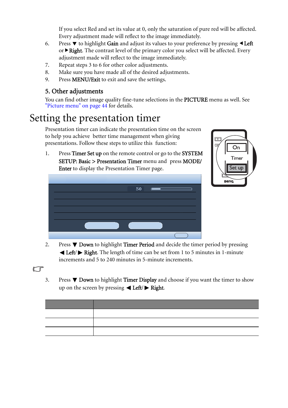 Setting the presentation timer, Setting the presentation timer" on, Other adjustments | BenQ MP511 User Manual | Page 34 / 60