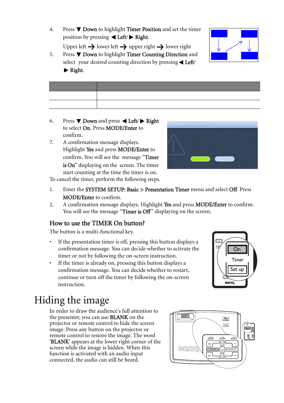 Hiding the image, Hiding, How to use the timer on button | BenQ MP511 User Manual | Page 35 / 60