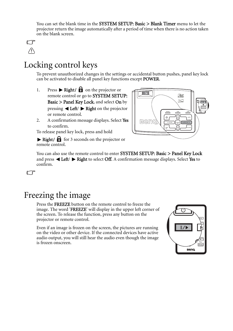 Locking control keys, Freezing the image, Locking control keys freezing the image | Locking, Freezing | BenQ MP511 User Manual | Page 36 / 60