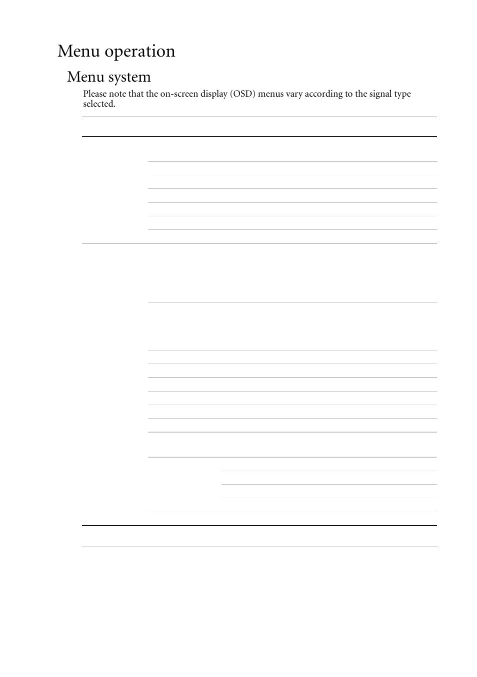 Menu operation, Menu system | BenQ MP511 User Manual | Page 39 / 60