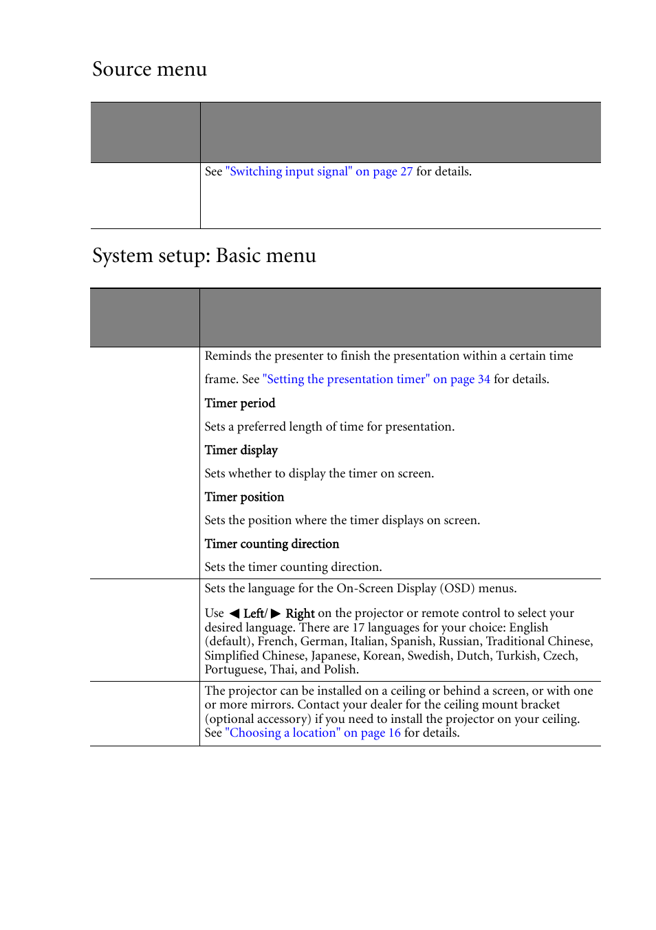 Source menu, System setup: basic menu, Source menu system setup: basic menu | BenQ MP511 User Manual | Page 45 / 60