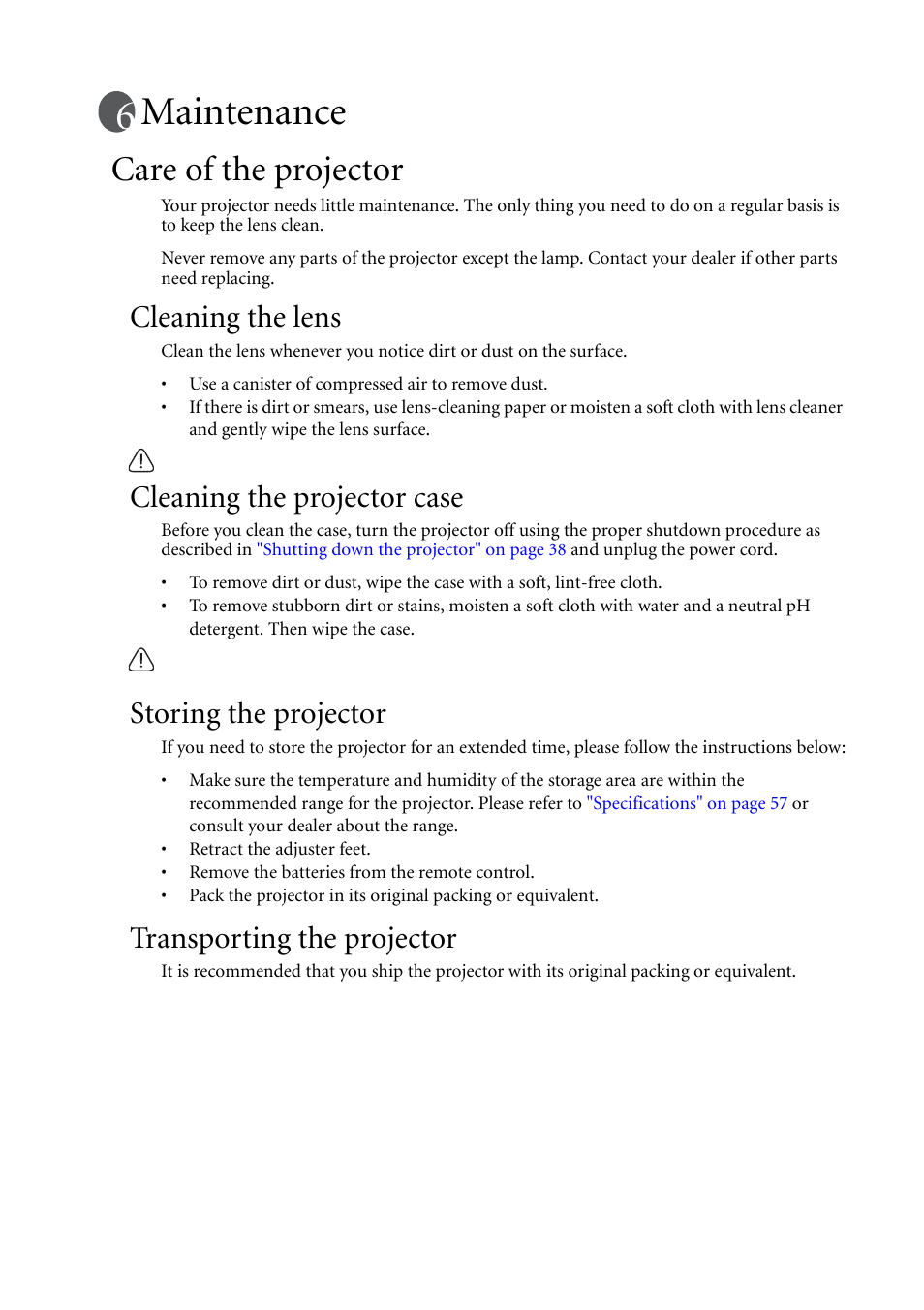 Maintenance, Care of the projector, Cleaning the lens | Cleaning the projector case, Storing the projector, Transporting the projector | BenQ MP511 User Manual | Page 49 / 60